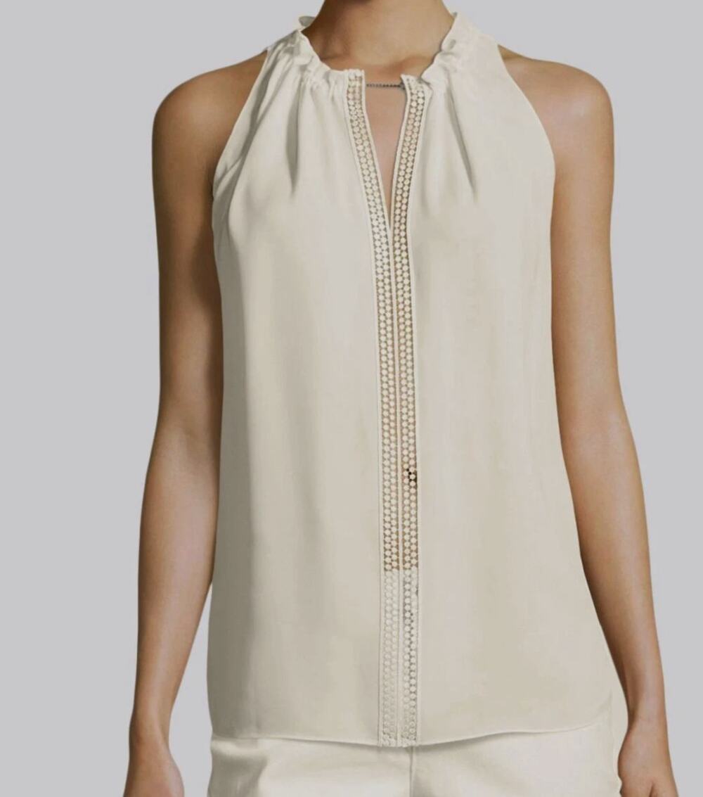 Elie Tahari Women Ivory Bessie Lace-Trim Sleeveless Silk Blouse Medium ($325)